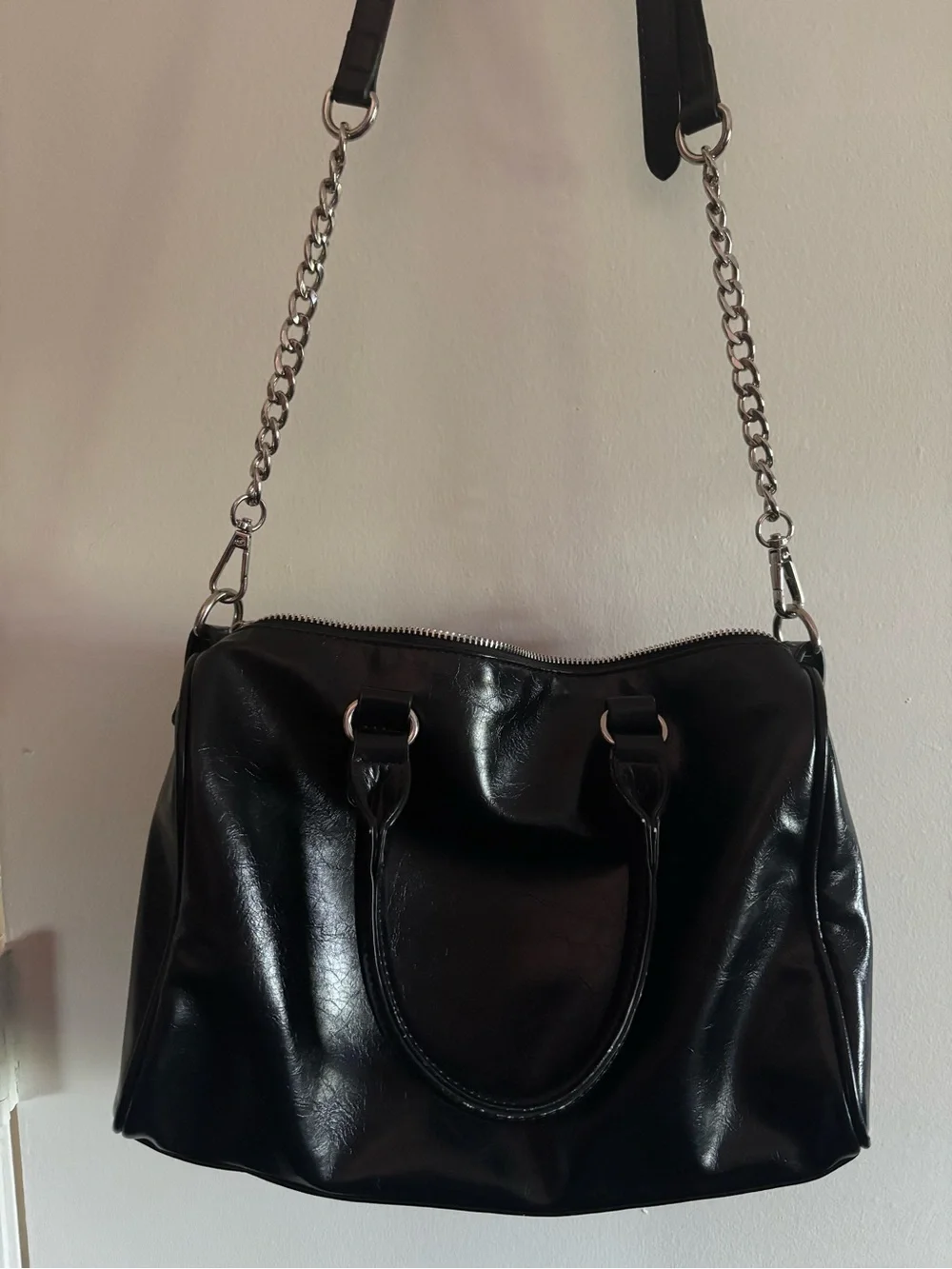 Madden Girl Black Shiny Satchel with Chain Strap